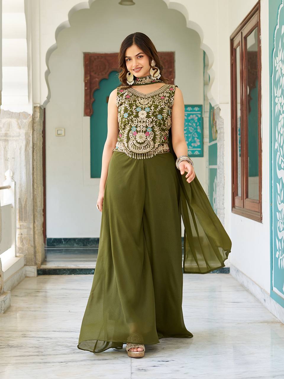 Stuti olive green star georgette top palazzo set with sequins thread embroidery
