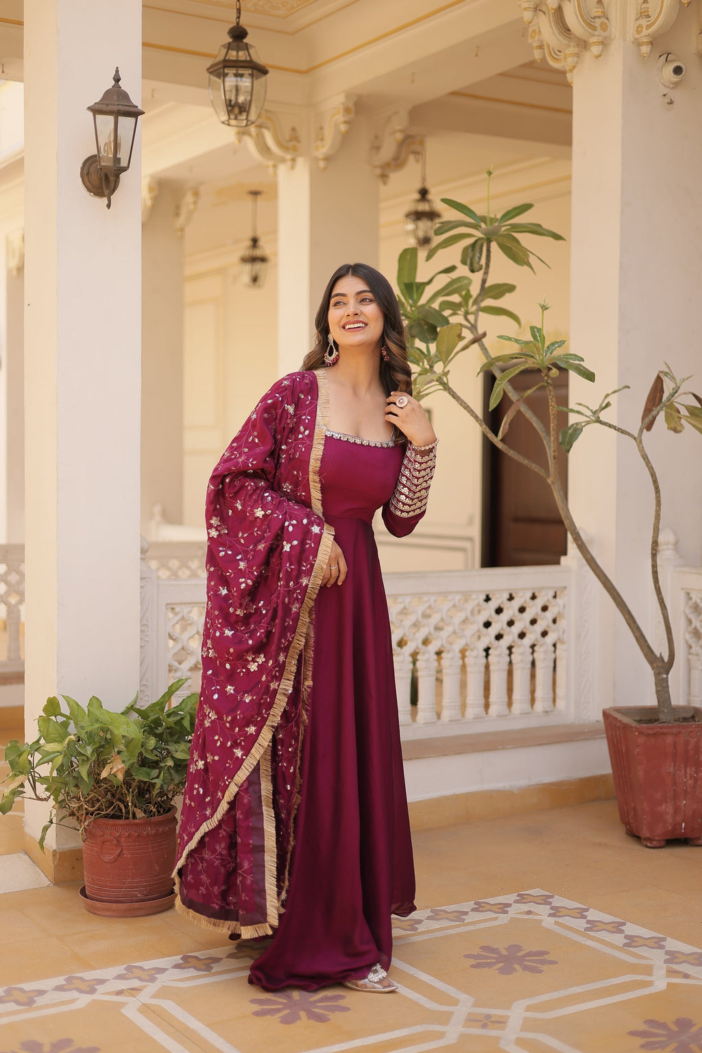 Magenta Vichitra silk Aparajita designer Anarkali gown