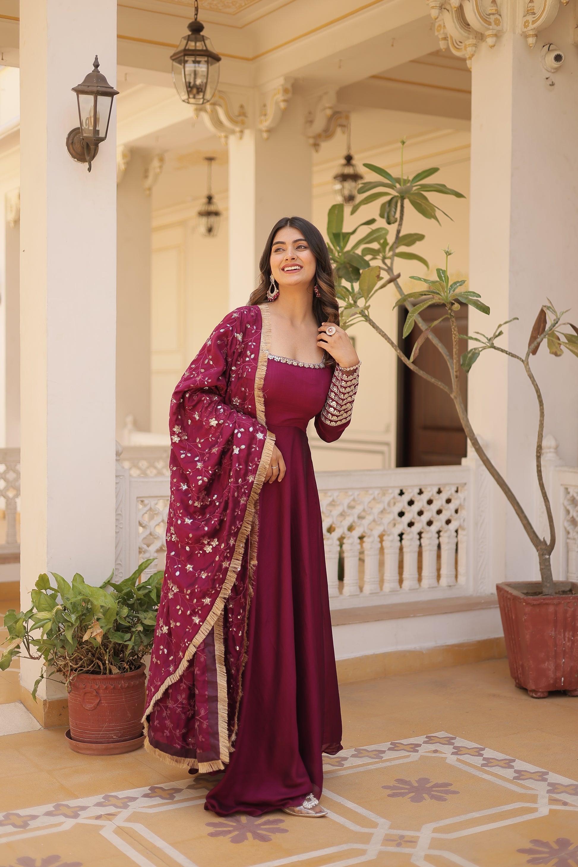 Magenta Vichitra silk Aparajita designer Anarkali gown