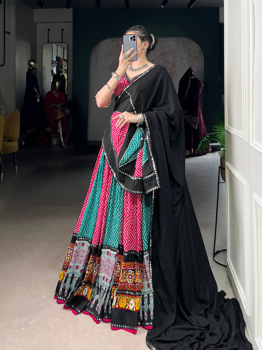 Black pink pure rayon Bandhej Ajrakh Gamthi mirror work lehenga choli