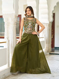 Stuti olive green star georgette top palazzo set with sequins thread embroidery