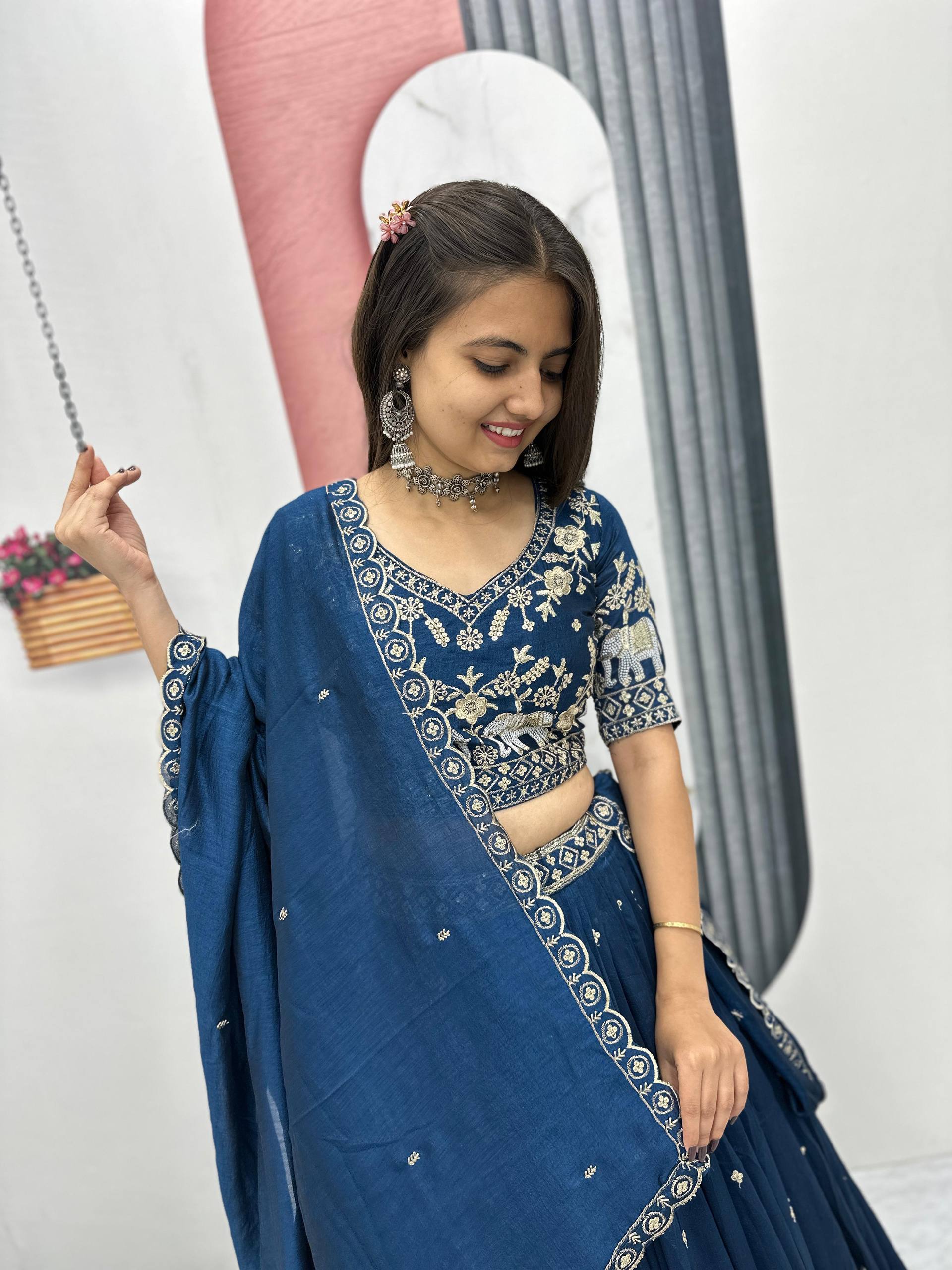 Gopi teal blue Vichitra silk lehenga choli with embroidery sequins thread work