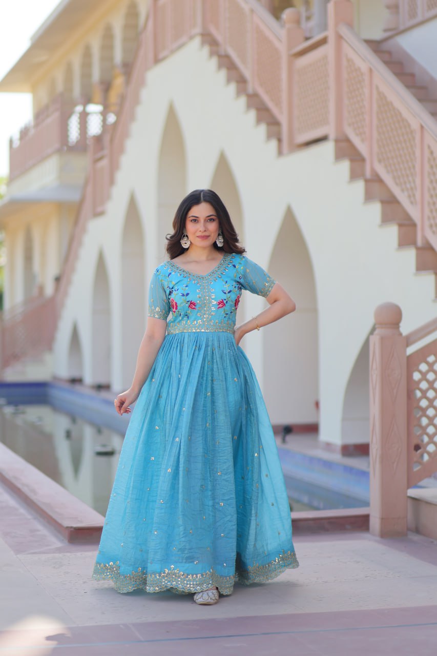 Sky blue gold crush zari sequins work embroidered gown