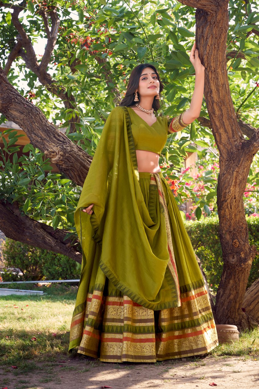 Green pure Chanderi lehenga choli with zari weaving work and dupatta