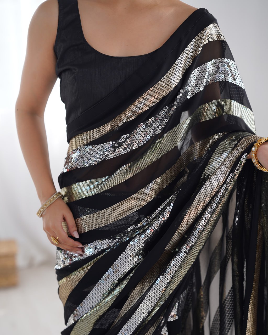 Black georgette sequin embroidered Kira designer saree