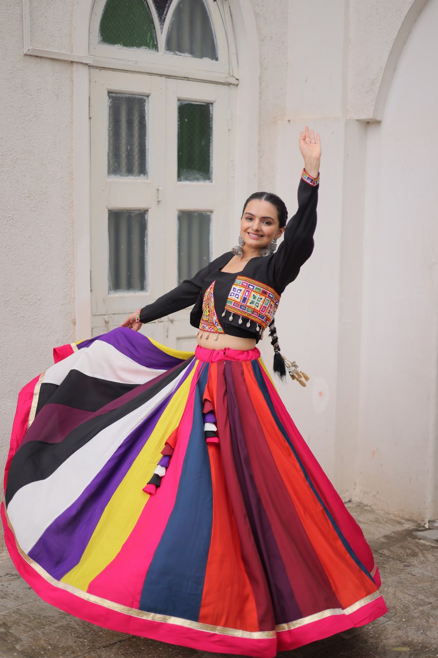 Multicolor pure rayon navratri lehenga choli with koti style blouse