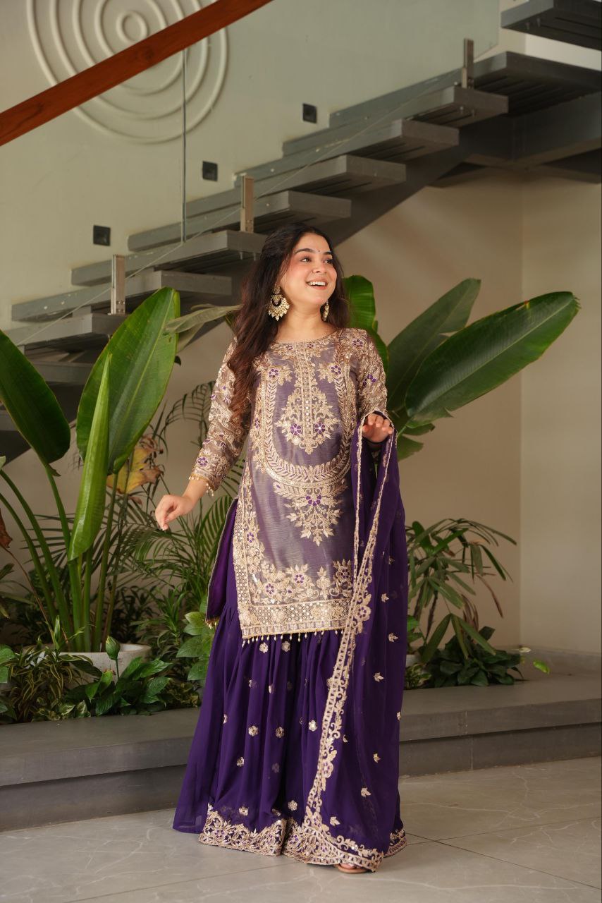 Purple crazy silk embroidered kurti palazzo set with dupatta