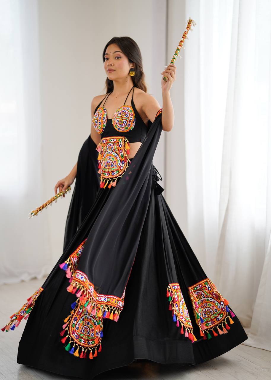 Black georgette lehenga choli with Gamthi embroidery and mirror work