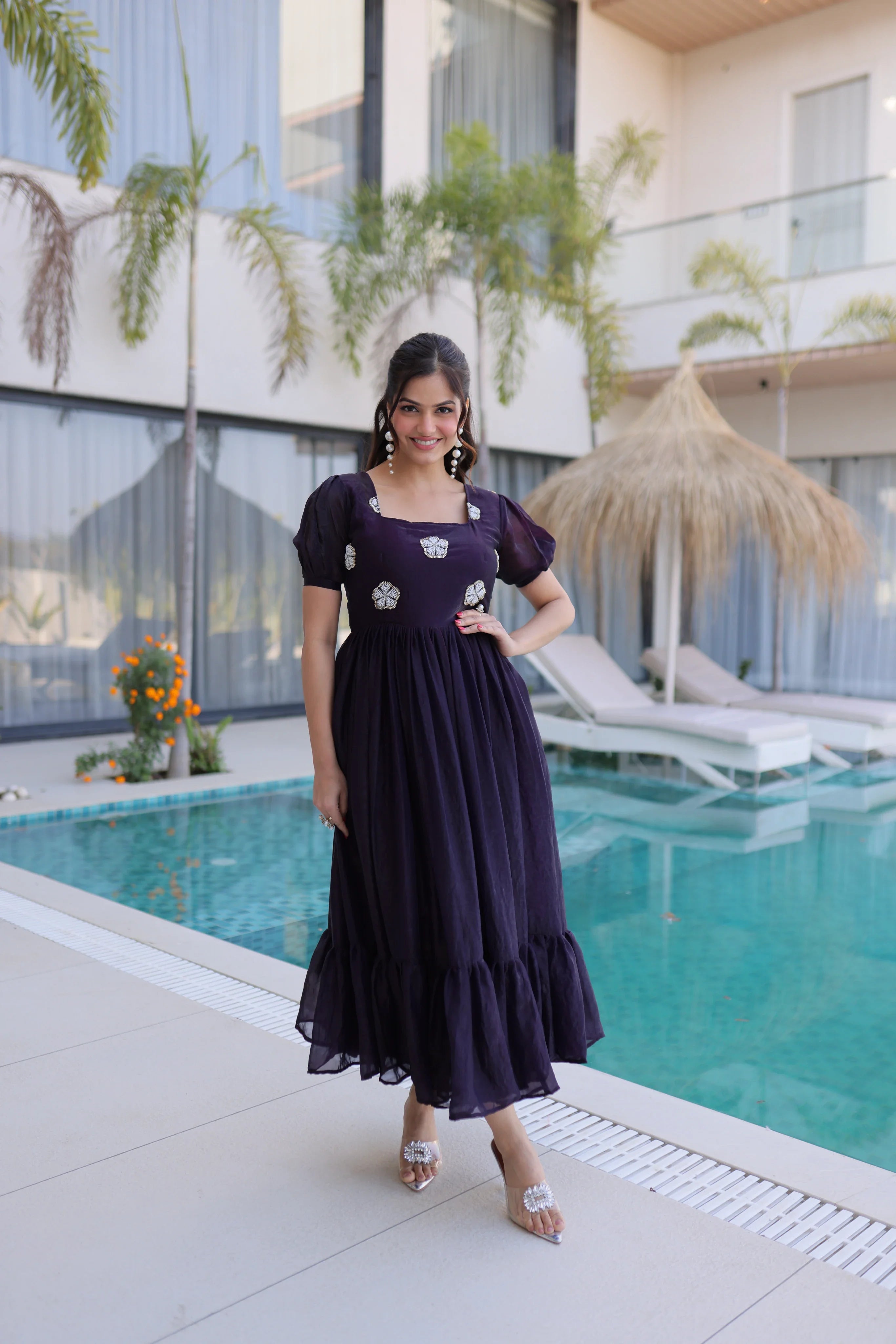 Sruvika purple Fendi silk gown with beads embroidered work