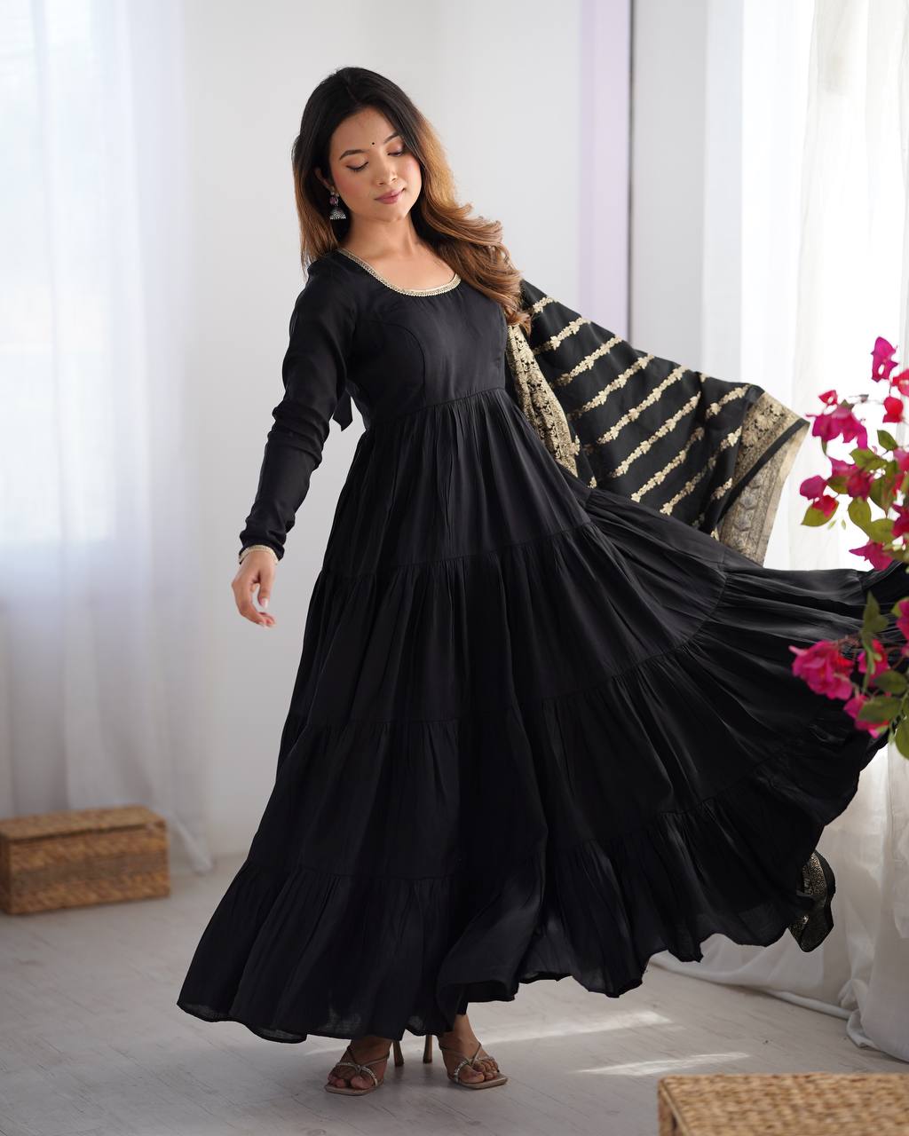 Black Roman Silk Anarkali suit with 9-meter flair, Banarasi dupatta & pant—elegant festive wear for weddings, parties & traditional occasions.