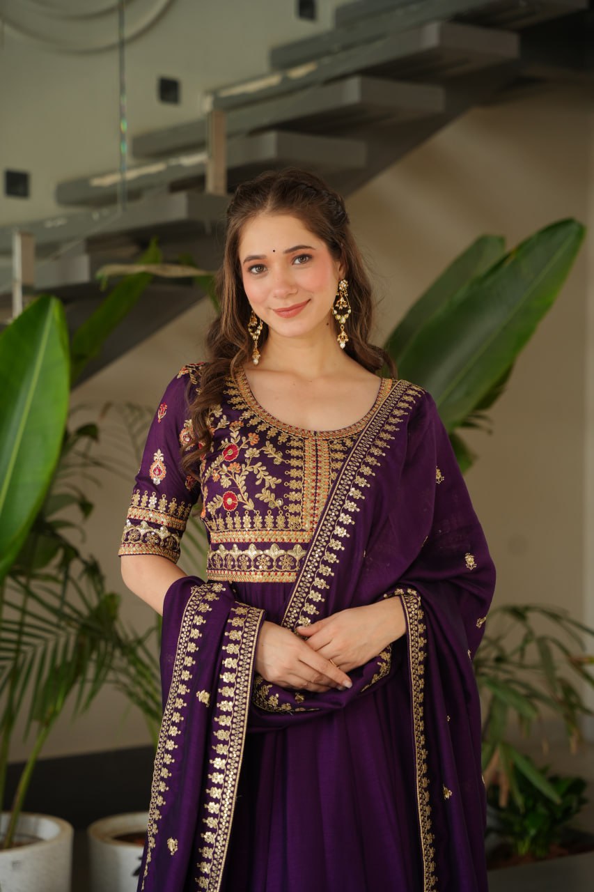 Aadishri purple silk sequins embroidered gown