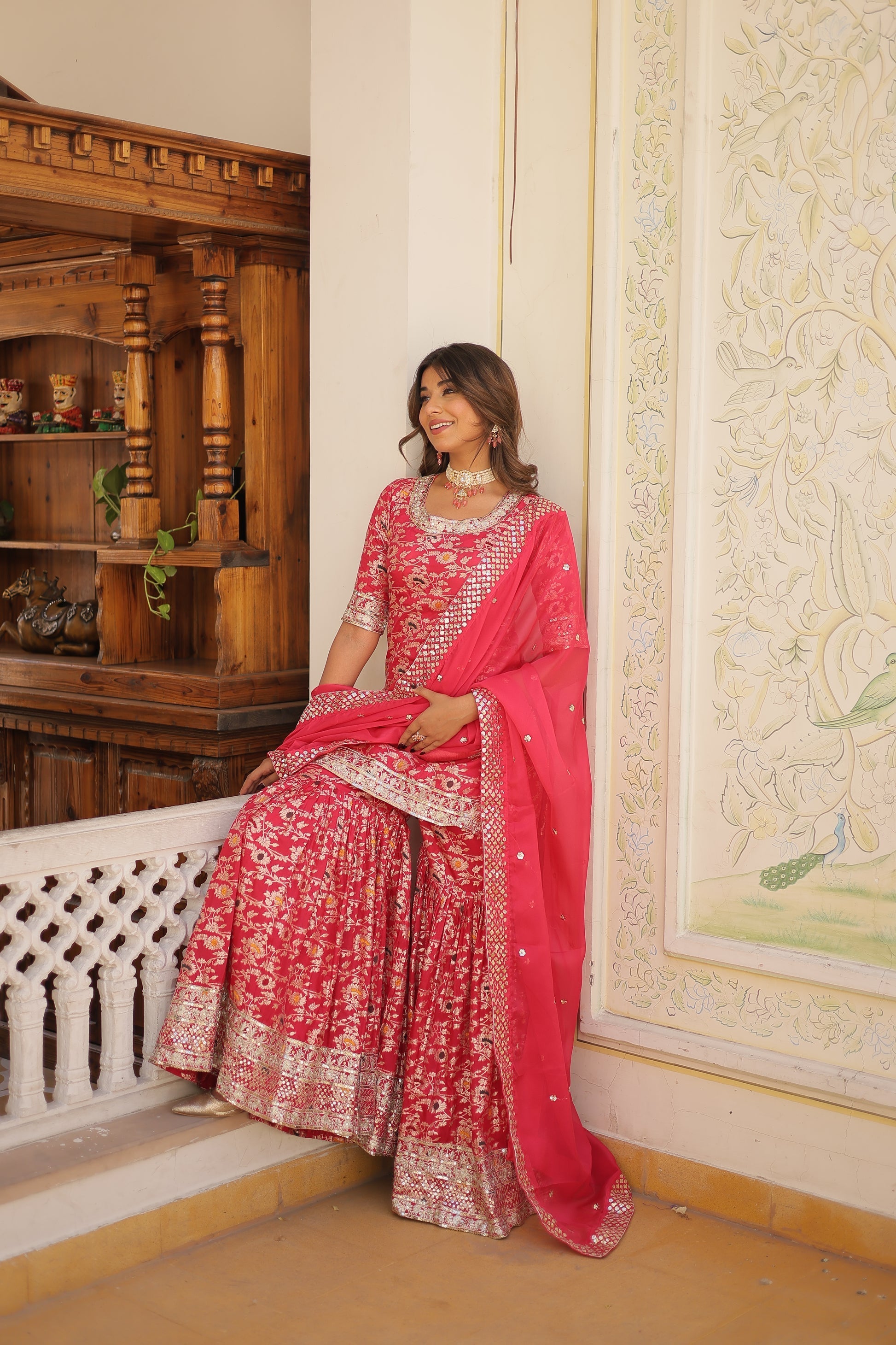 Krishnapriya rani pink viscose embroidered kurti gharara set