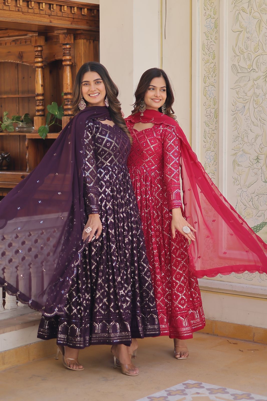 Radiant pink floral gown with dupatta set