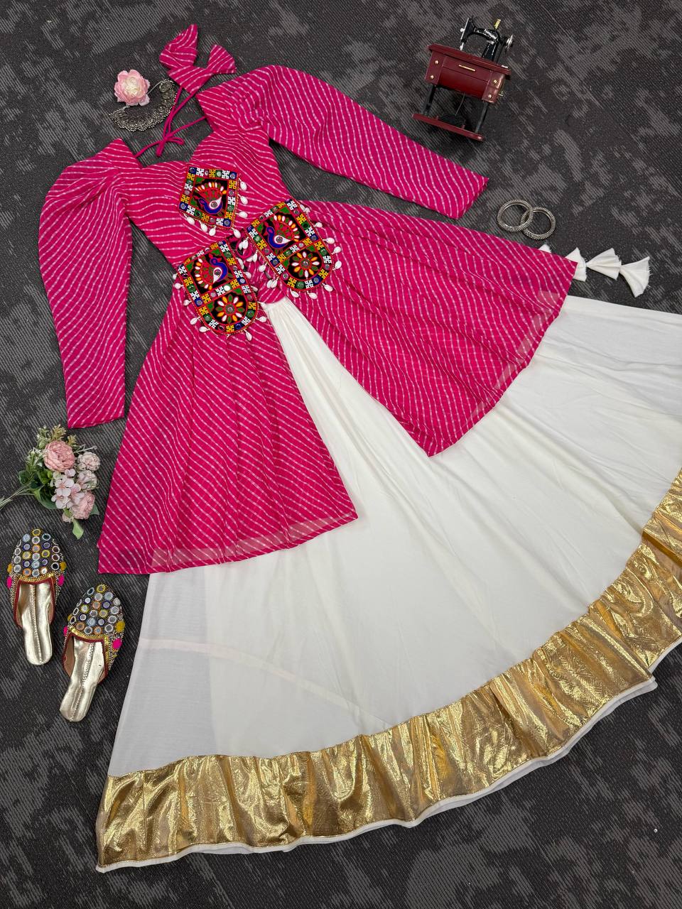 Pink georgette top with digital print and thread work butter silk Gota Patti lehenga