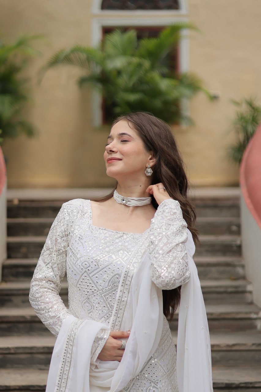 White georgette embroidered Lavya designer sharara suit