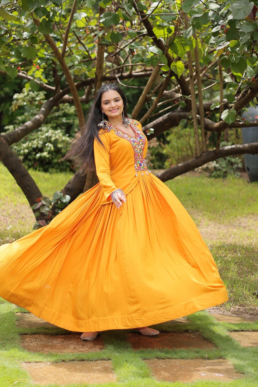Yellow rayon Kutchi Gamthi embroidered Misty Navratri gown
