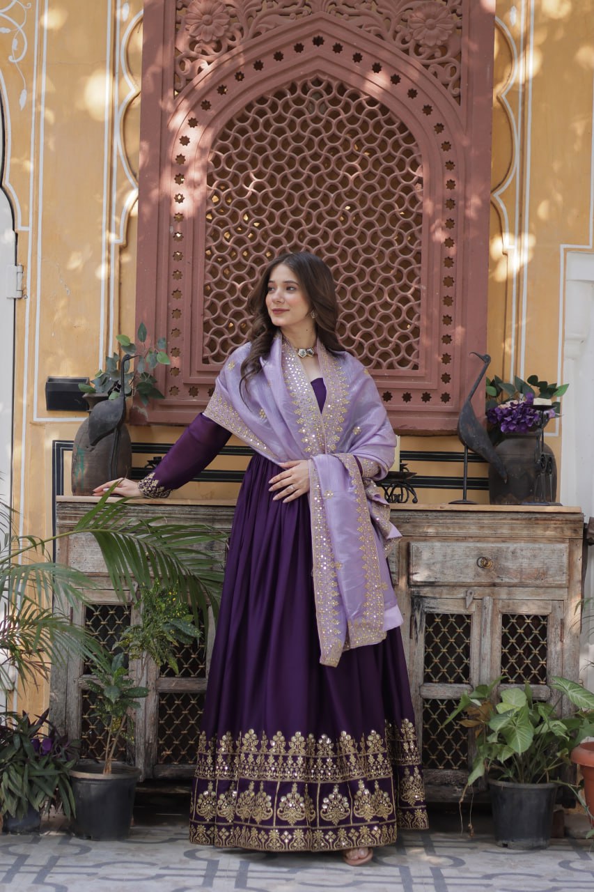 Purple star georgette embroidered zari sequins work gown with dupatta