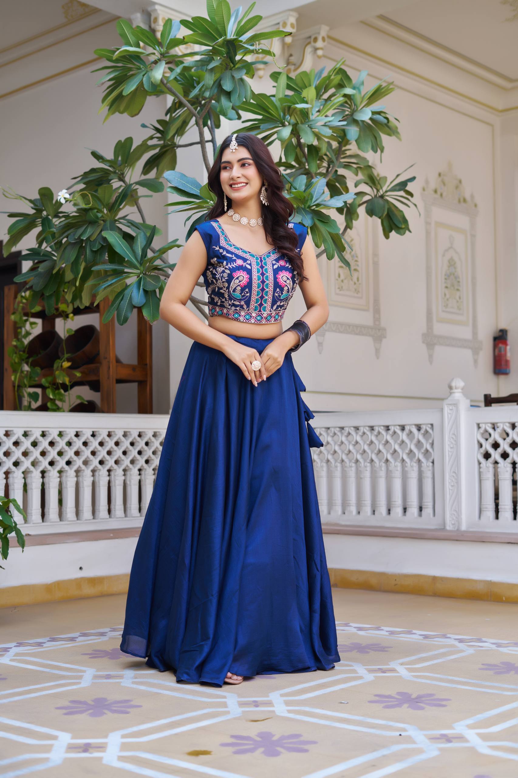 Devisha blue Vichitra silk lehenga choli with embroidered koti