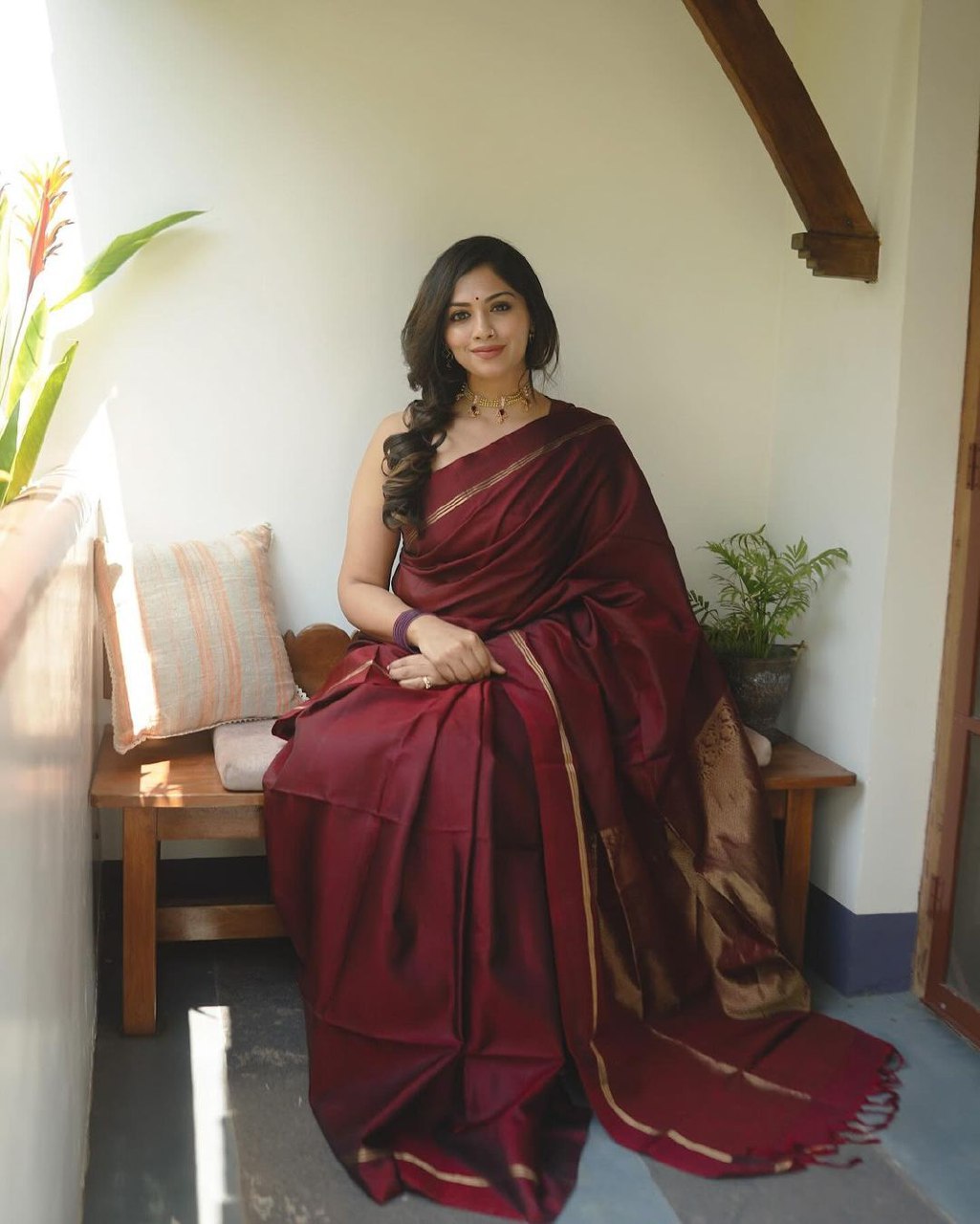Maroon Banarasi silk Niva designer saree