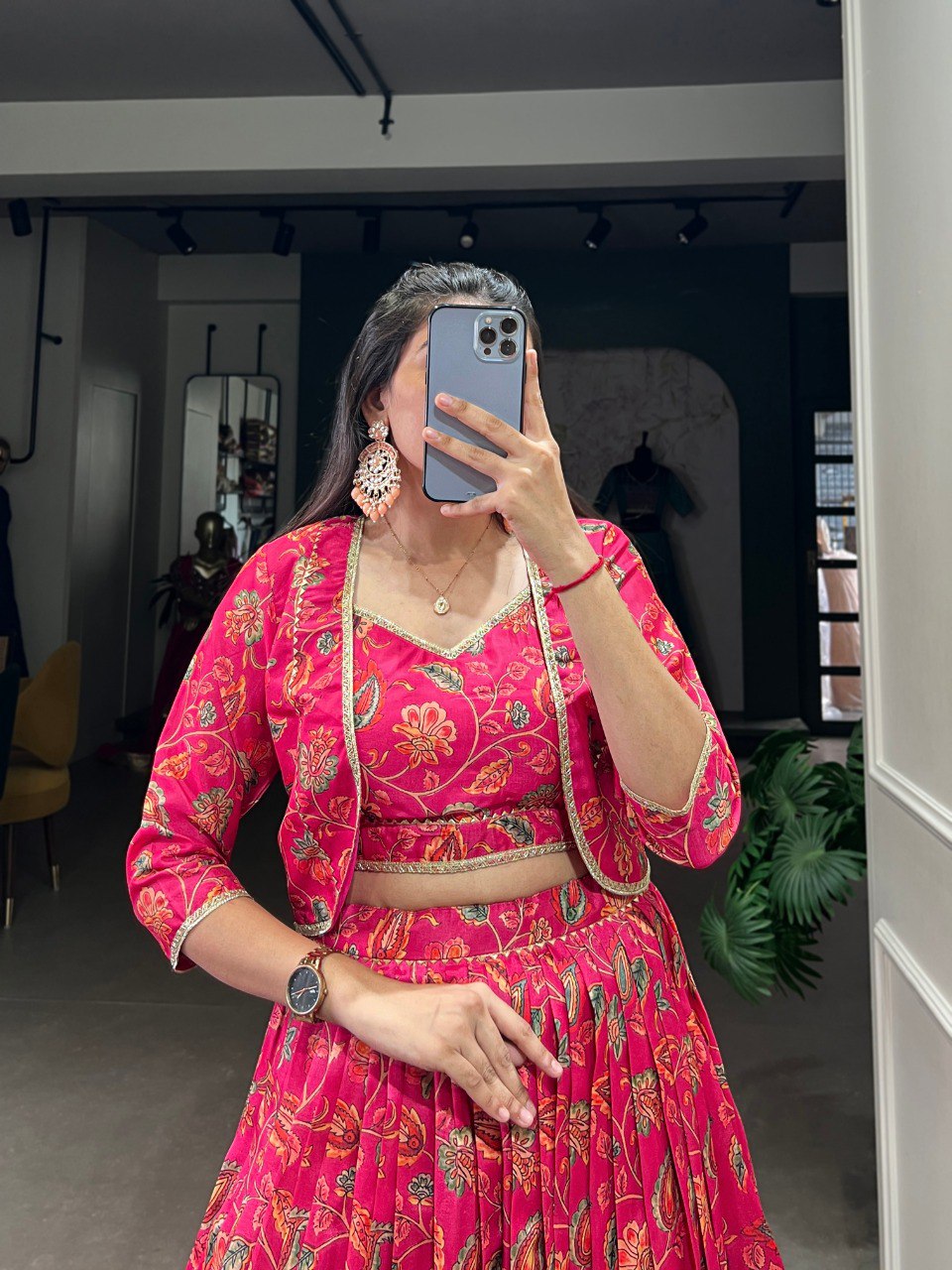 Pink Tasar silk floral print lehenga with blouse and koti