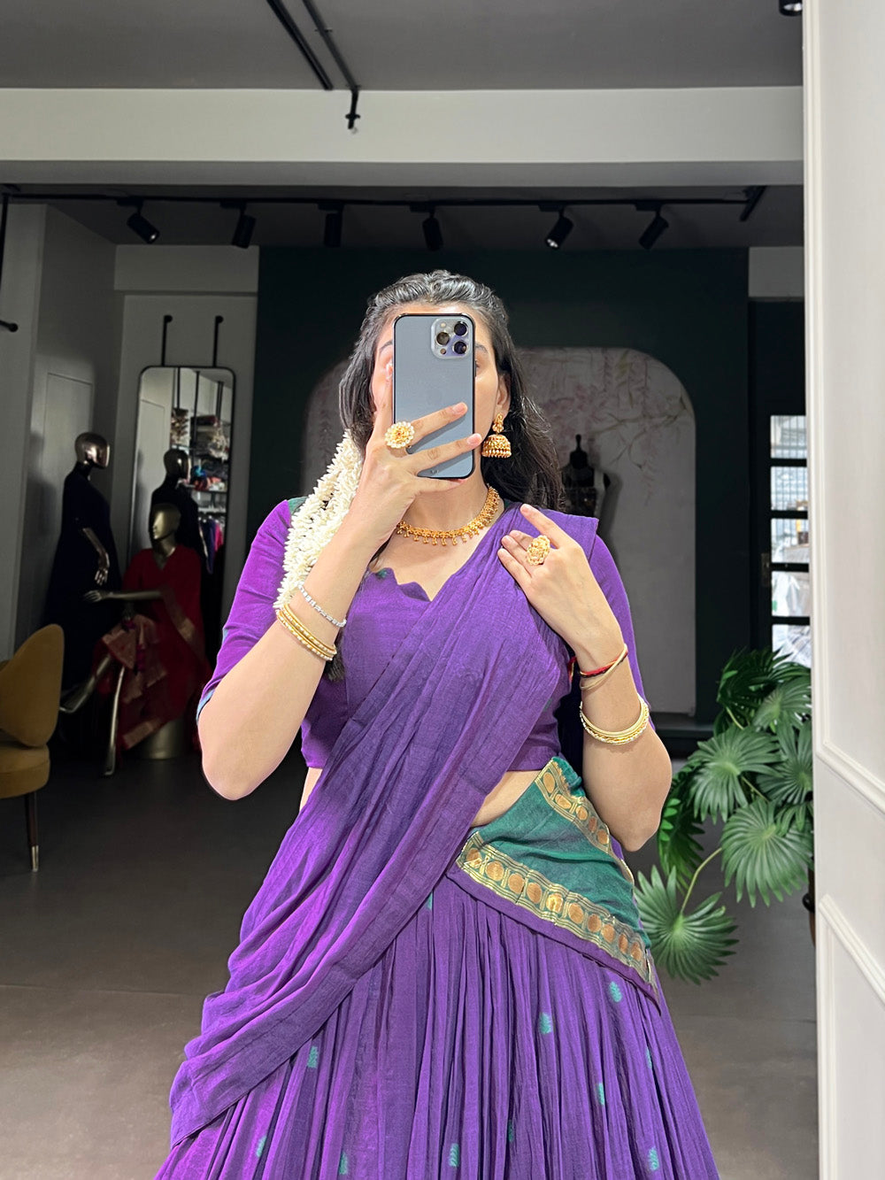 Purple Chanderi zari weaving work half-saree lehenga