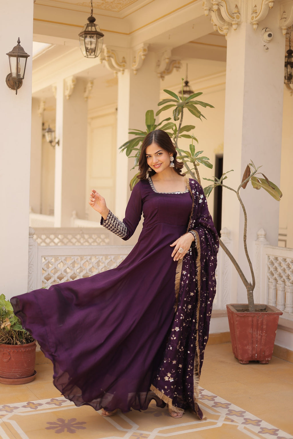 Purple Vichitra silk Aparajita designer Anarkali gown