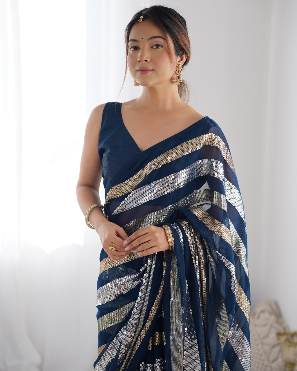 Navy blue georgette sequin embroidered Kira designer saree