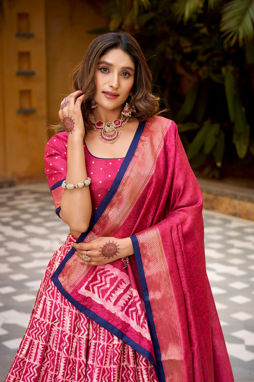 Girija pink Dola silk batik print lehenga choli with zari weaving work