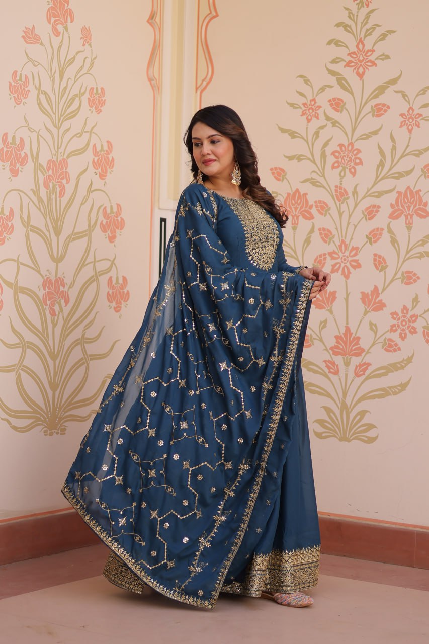 Rama blue star georgette zari sequins embroidered gown with dupatta
