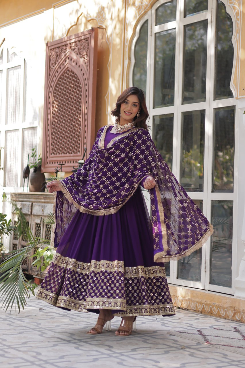 Avishka purple embroidered anarkali gown set
