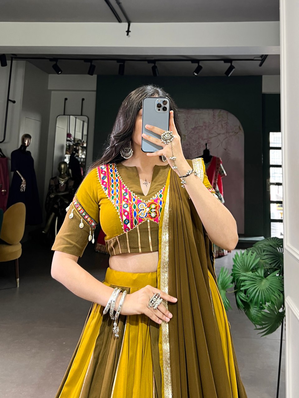 Mustard yellow pure rayon mirror Gamthi work lehenga choli