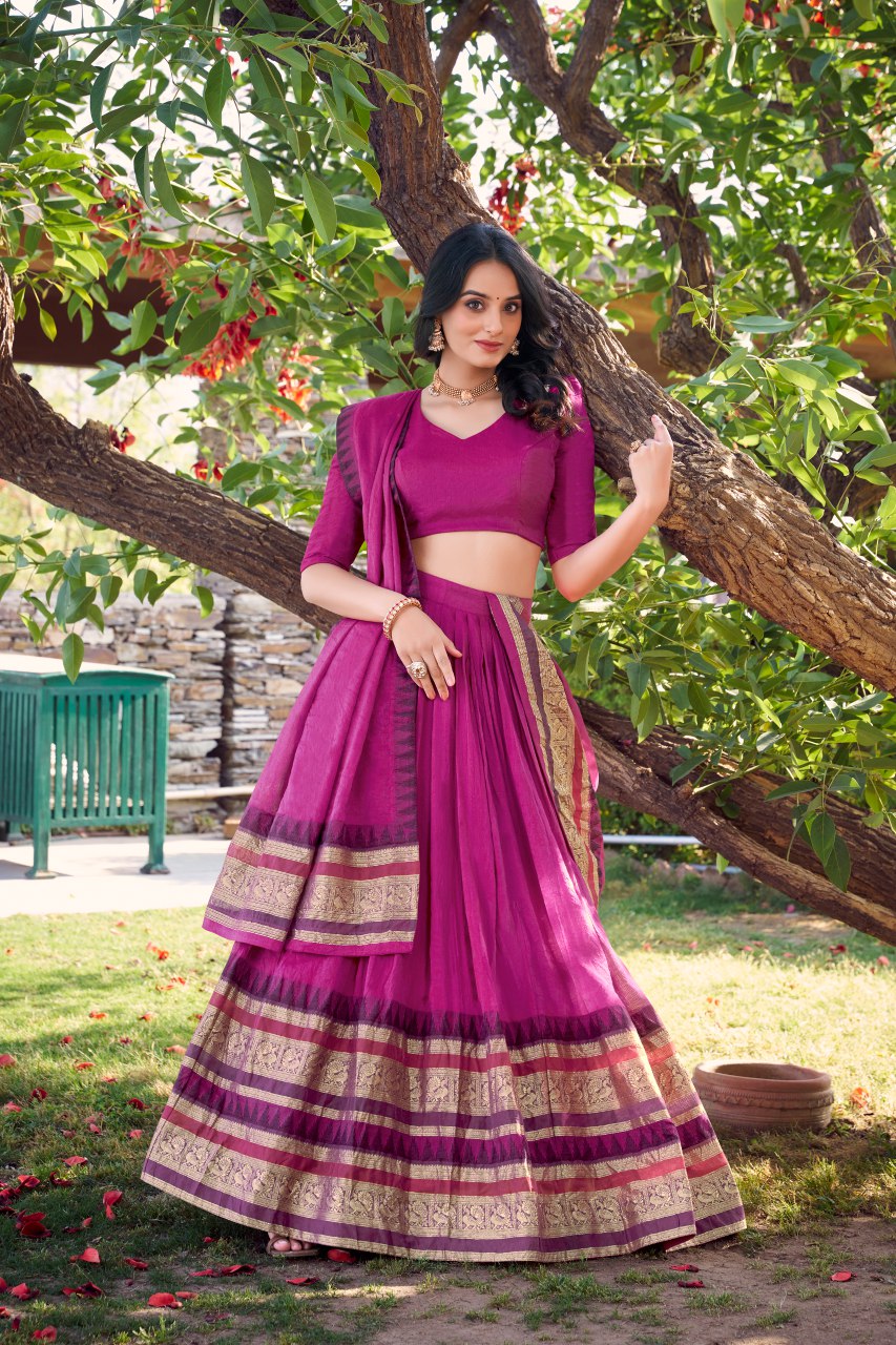 Pink pure chanderi lehenga choli with zari weaving work and dupatta