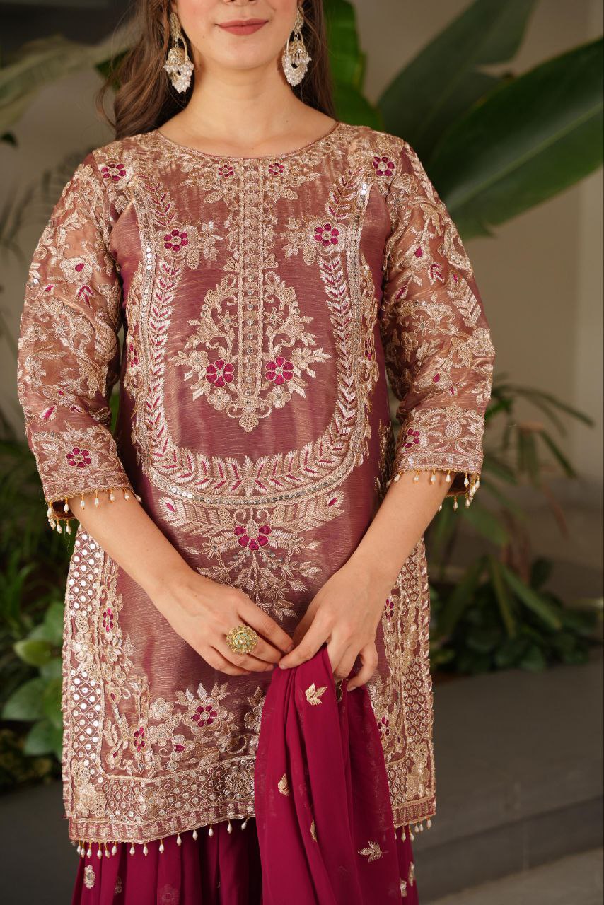 Maroon crazy silk embroidered kurti palazzo set with dupatta