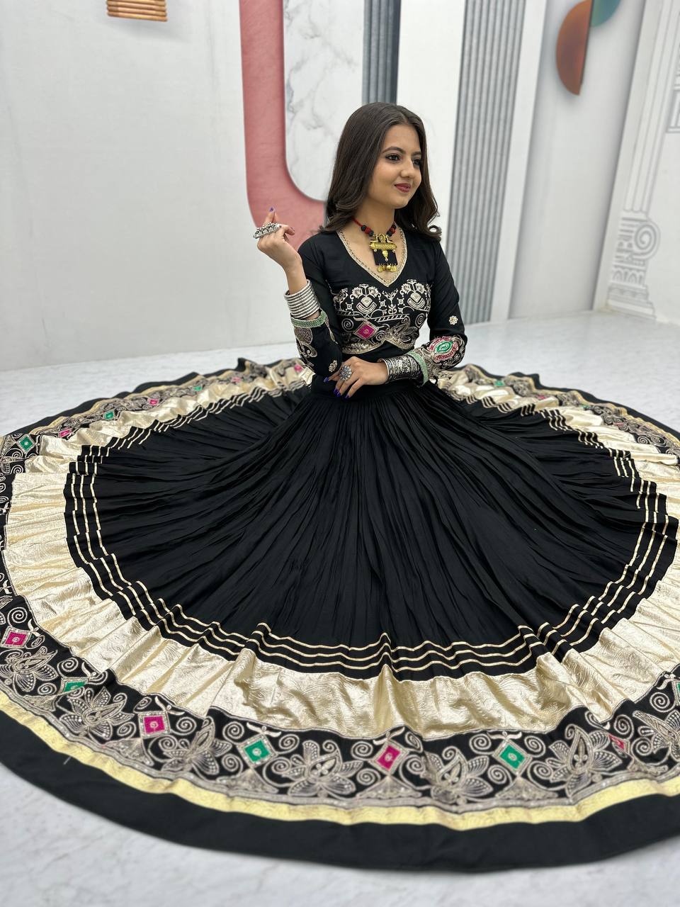 Black pure cotton embroidered sequins work lehenga choli