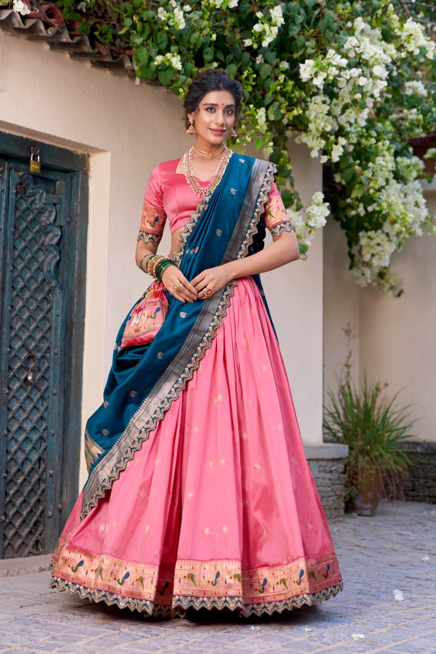 Onion pink jacquard silk Paithani lehenga choli with dupatta and batwa