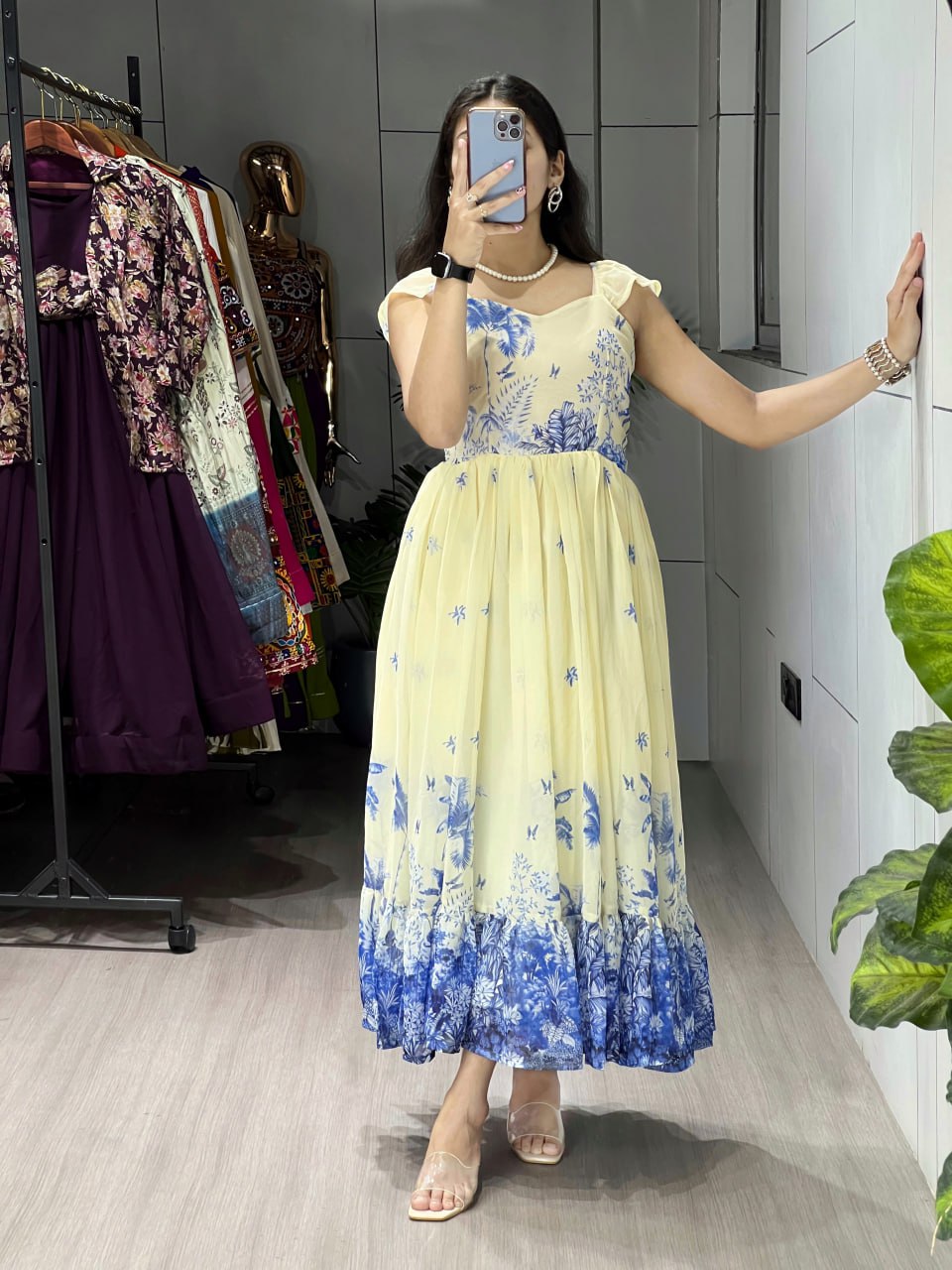 Pale yellow weightless floral print double frills gown