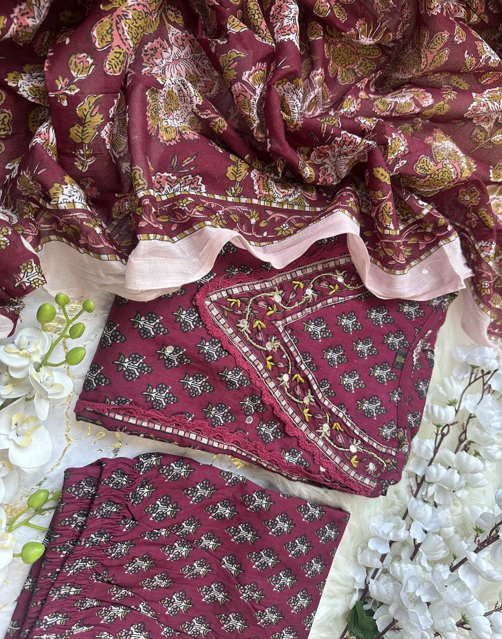 Maroon cotton printed Ishani designer Anarkali suit