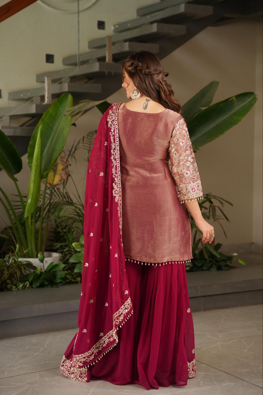 Maroon crazy silk embroidered kurti palazzo set with dupatta