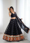 Black georgette lehenga choli with Gamthi embroidery and mirror work