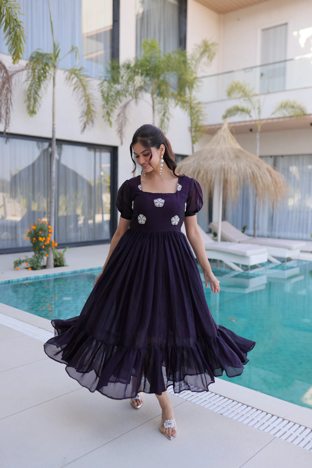 Sruvika purple Fendi silk gown with beads embroidered work