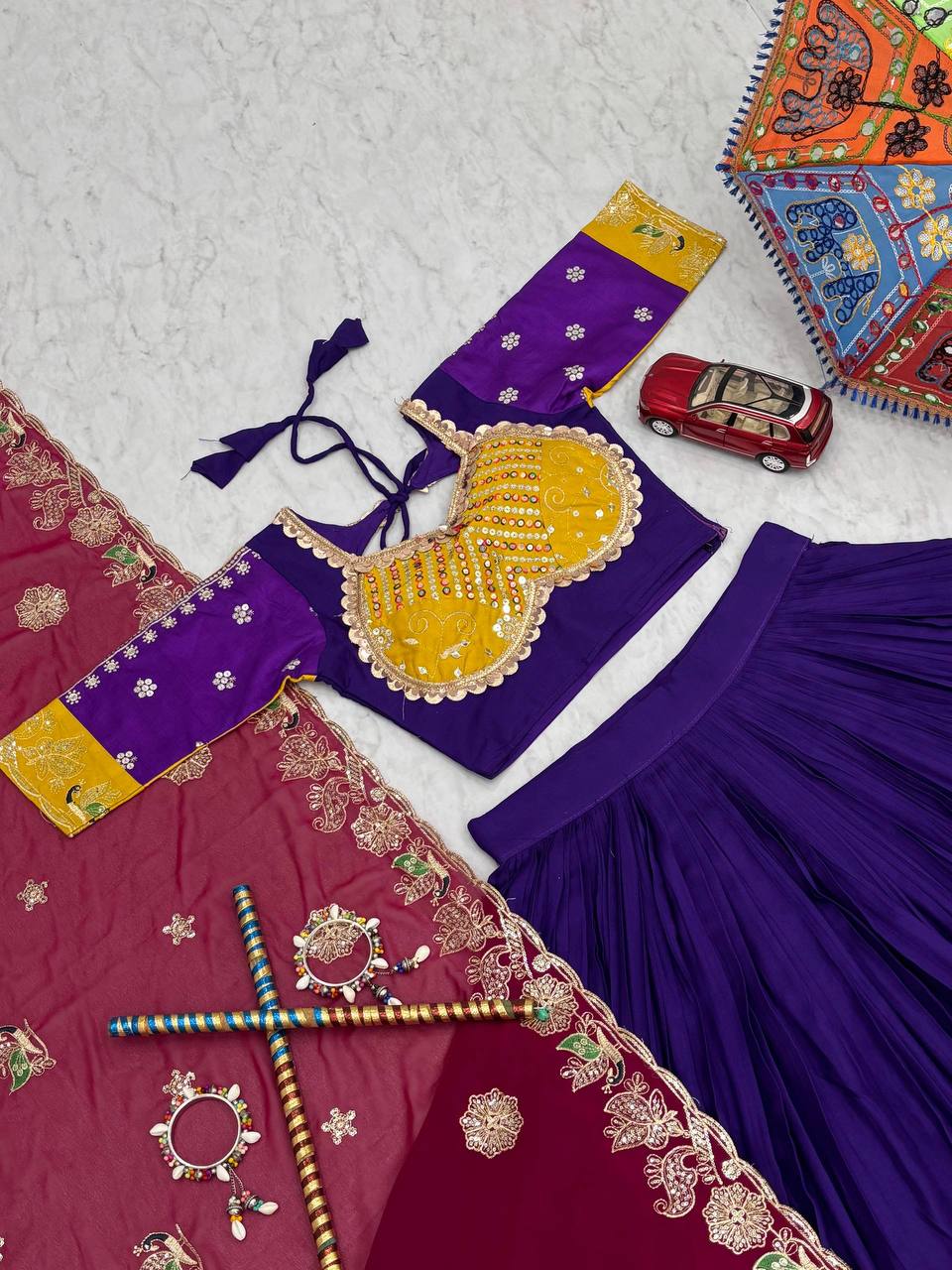 Purple pure cotton lehenga choli with embroidered sequins work and dupatta