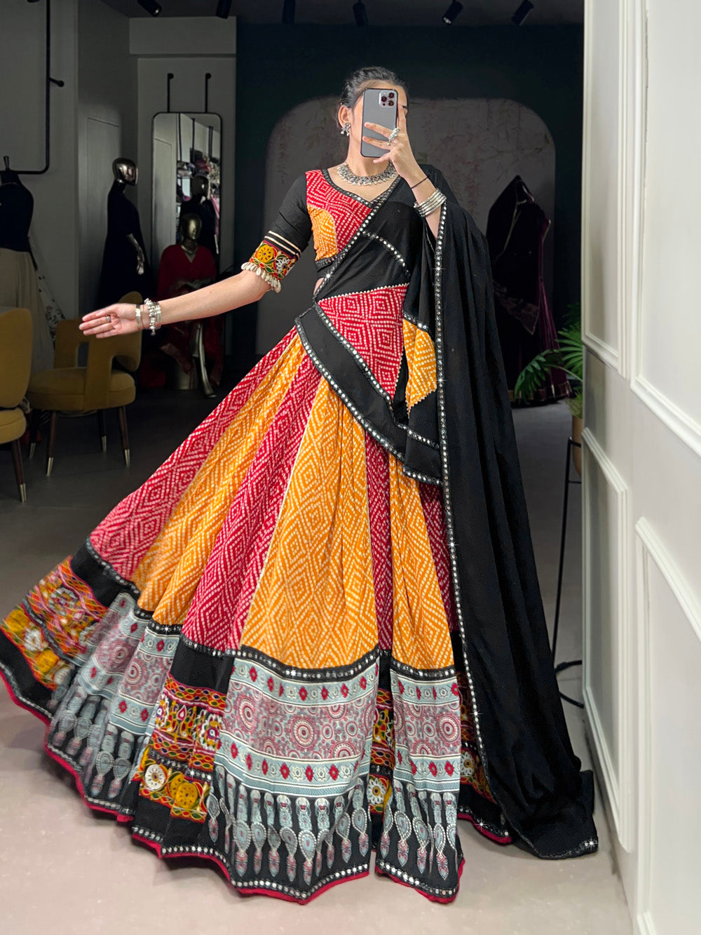 Black yellow pure rayon Bandhej Ajrakh Gamthi mirror work lehenga choli