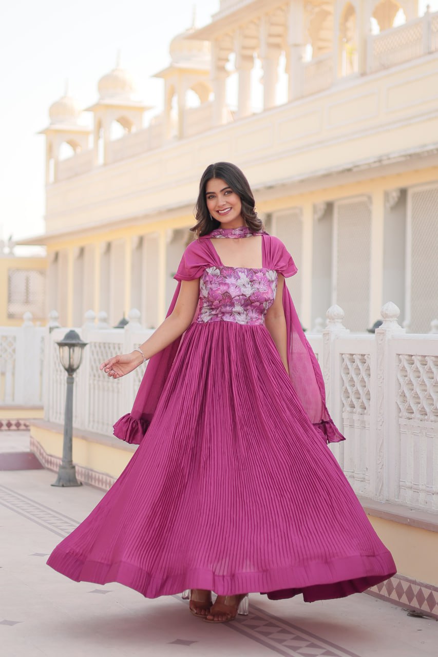 Shanta chinon pink printed anarkali gown set