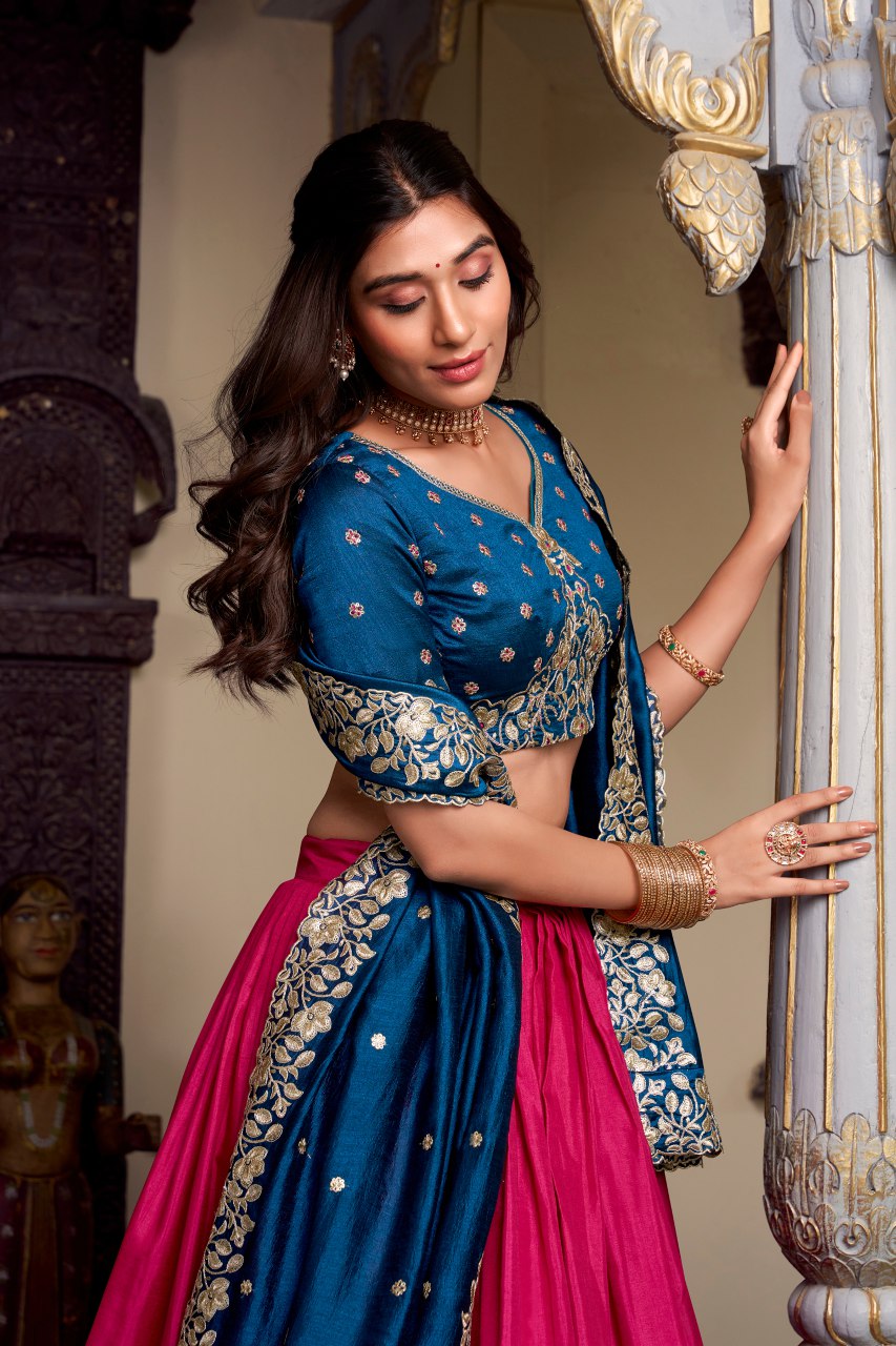 Blue tussar silk foil print lehenga choli with embroidered dupatta