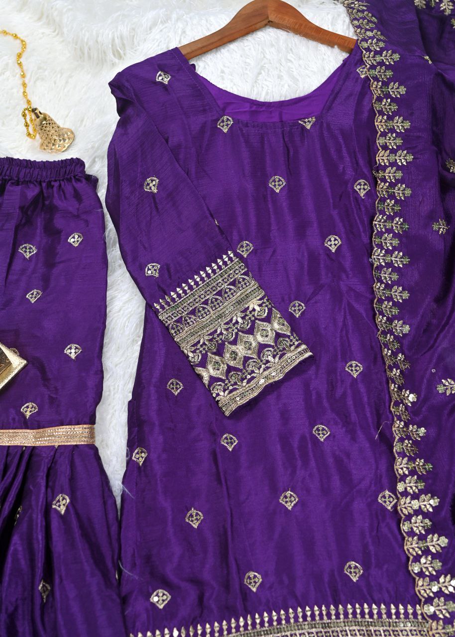 Purple chinon embroidered Svara designer sharara suit