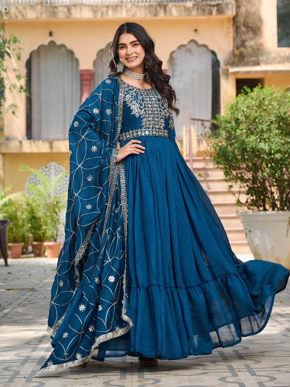 Piya teal blue Vichitra silk gown with sequins embroidery and dupatta