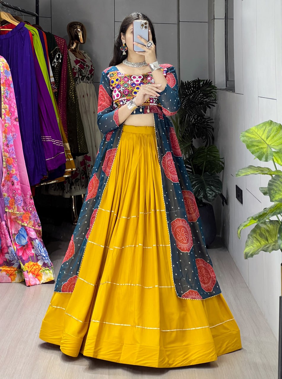 Mustard yellow rayon Bandhani print Gota Patti work faux georgette kurti lehenga