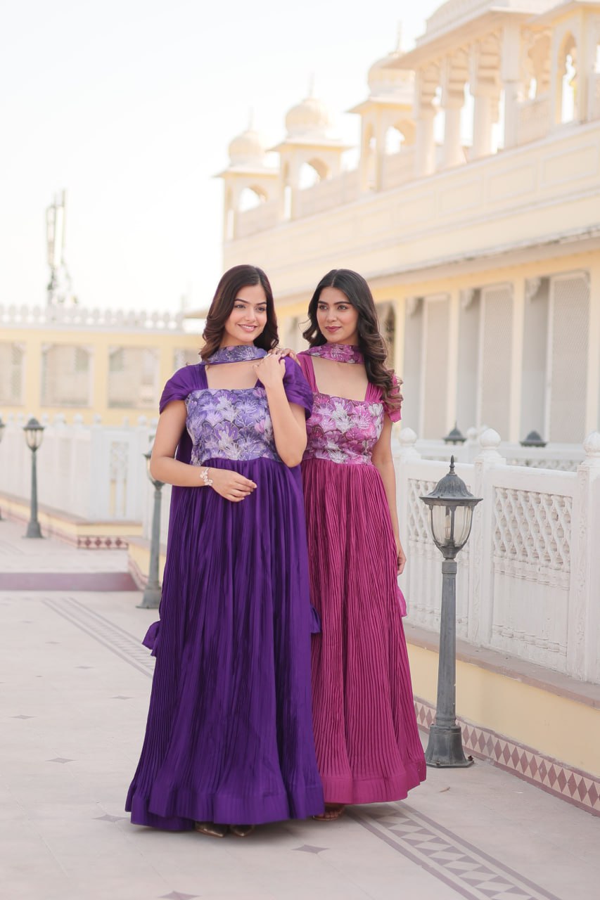 Shanta chinon pink printed anarkali gown set