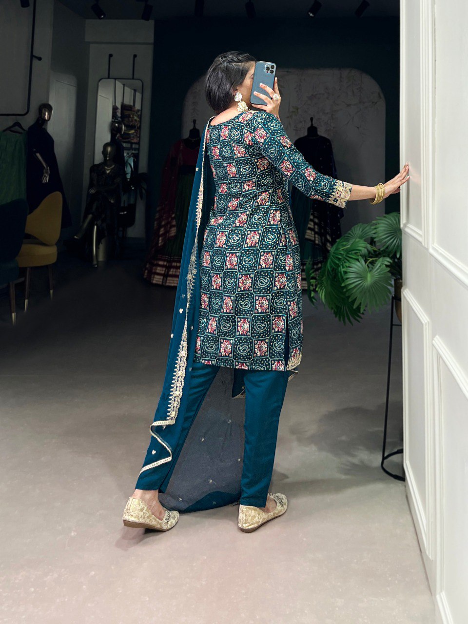 Teal blue rayon kurti set with embroidered organza dupatta