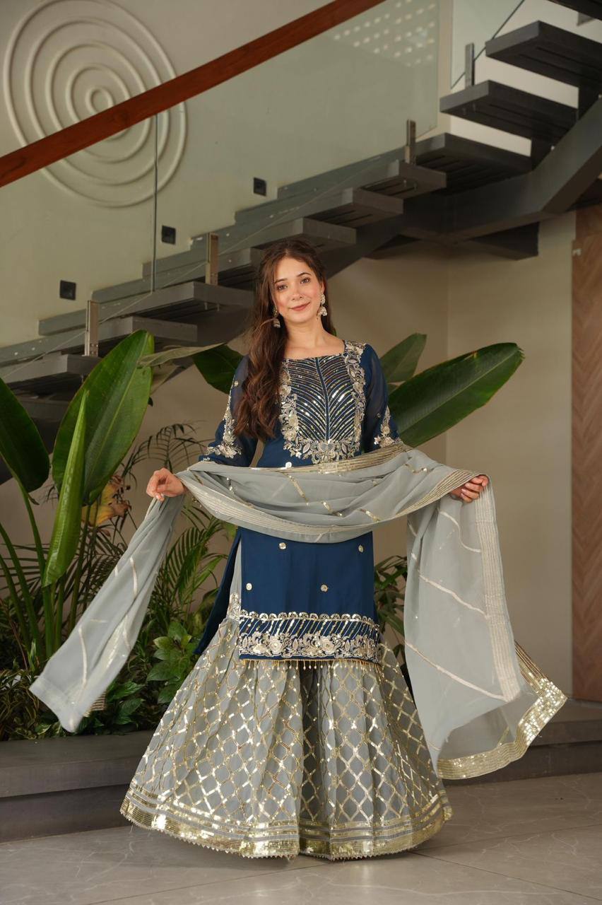 Blue fox georgette embroidered heavy sequence work kurti palazzo set